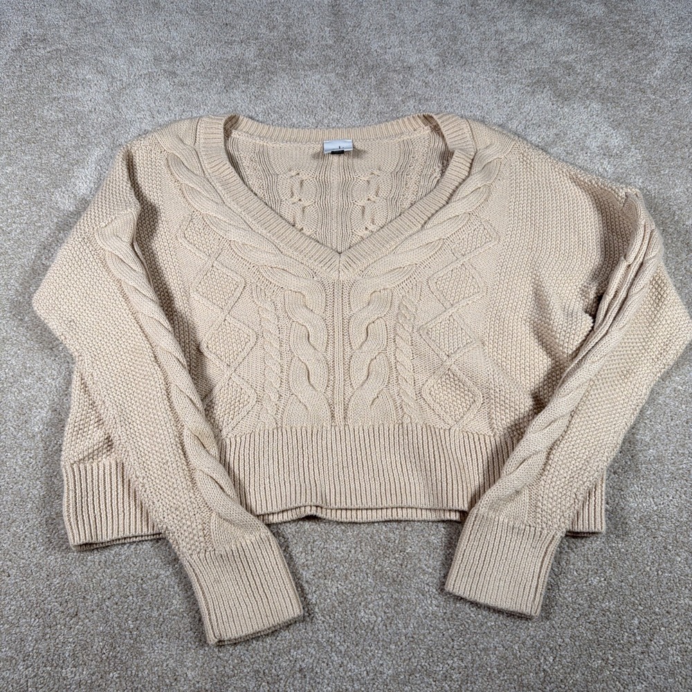 Cabi Womens Cable Knit Cropped Long Sleeve Sweater‎ XS Beige V Neck